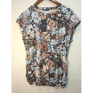 NEW Sampeel Women Floral Multicolor Top Size L Round Neck Rouching Cap Sleeve